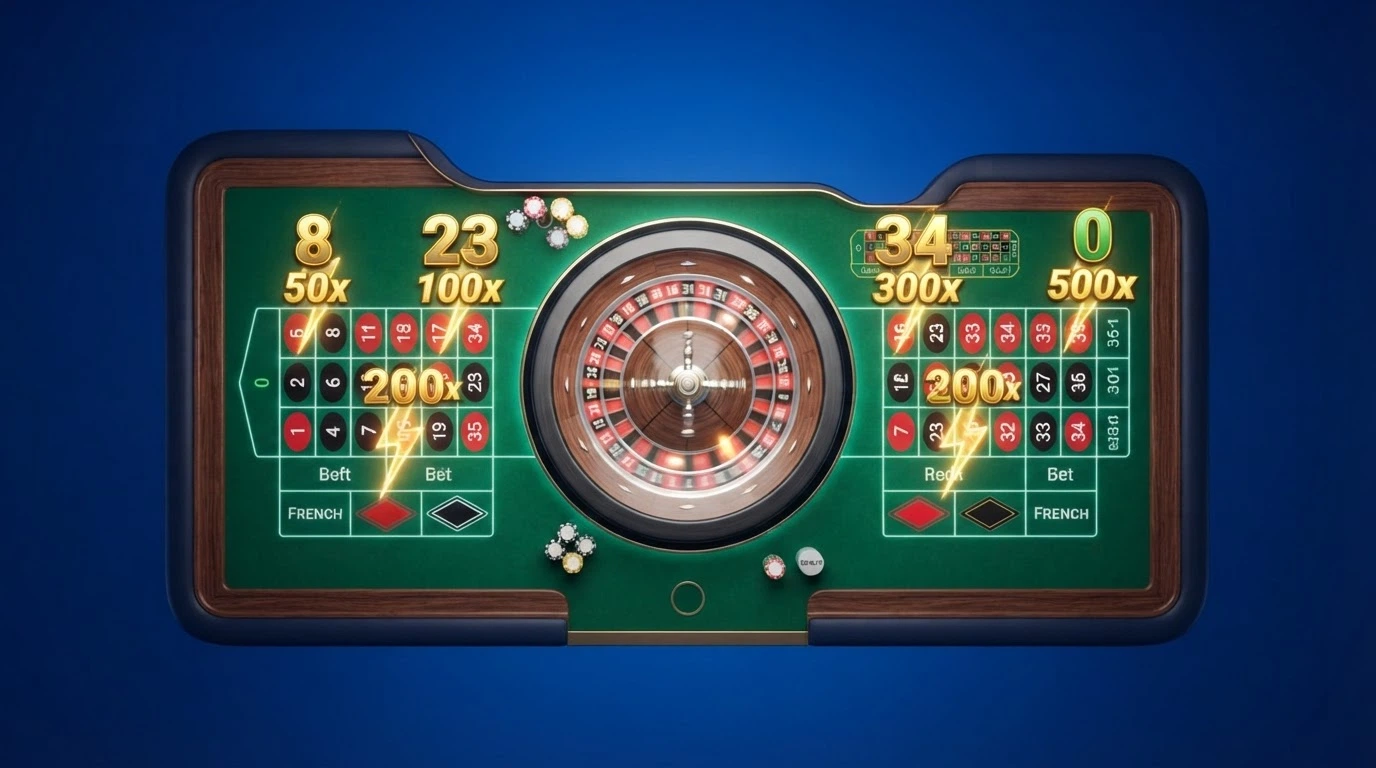Interfaccia della Lightning Roulette di Evolution con numeri colpiti dal fulmine e moltiplicatori 50x-500x evidenziati sul tavolo