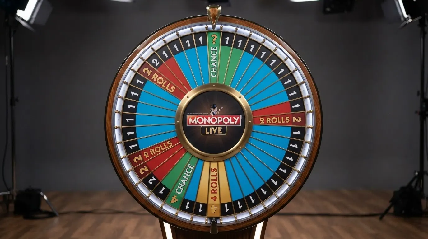 Il dettaglio dei 54 segmenti della ruota di Monopoly Live con i settori 1, 2 Rolls e 4 Rolls
