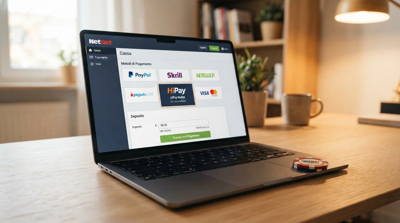 L'interfaccia della cassa di un casinò online con il logo HiPay in evidenza tra le opzioni di deposito, schermo desktop
