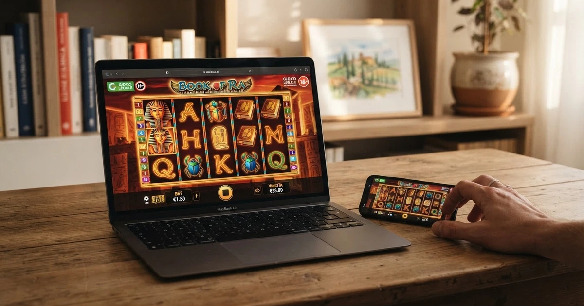 Schermata di un casinò online con licenza ADM che mostra il catalogo slot Novoline/Greentube su desktop e smartphone