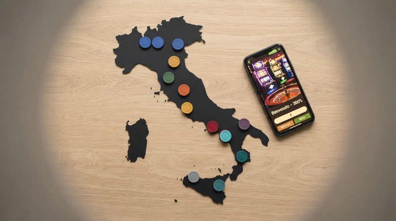 Mappa o griglia visiva dell'Italia con i loghi dei casinò ADM featured disposti per tipologia di offerta: 300% da un lato, 100%–200% e cashback dall'altro