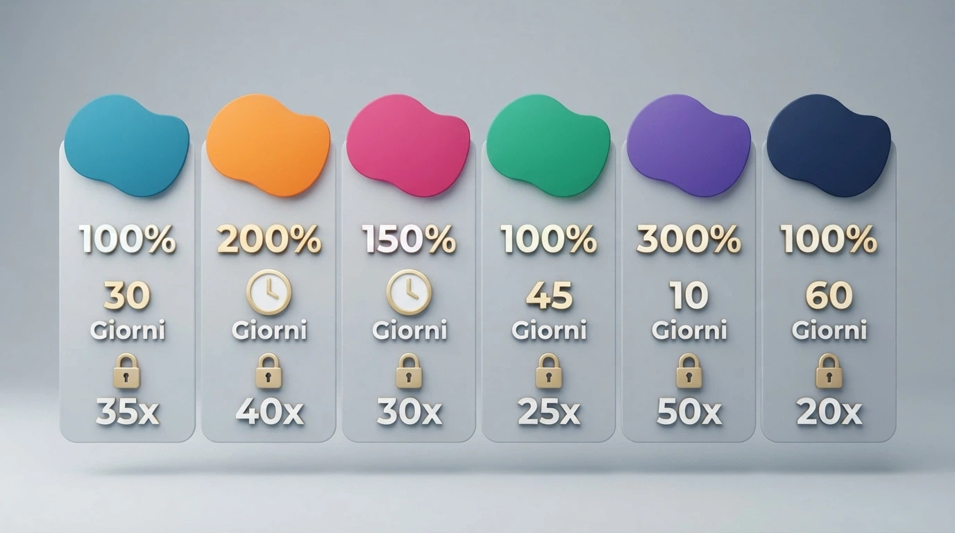 Una tabella comparativa stilizzata con le icone di sei casinò online in colonna e accanto simboli che rappresentano percentuali, orologi e lucchetti.