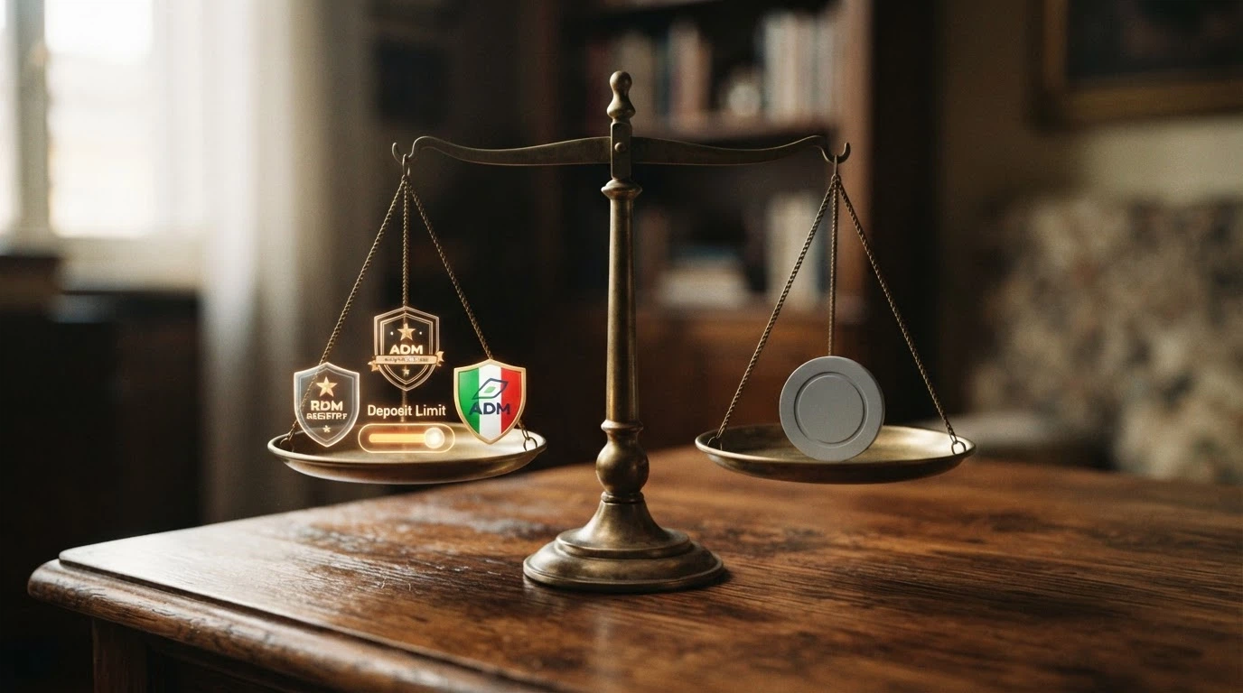Una bilancia a due piatti: su un piatto gli strumenti di protezione del giocatore ADM (RUA, limiti, garanzia vincite), sull'altro l'assenza di questi strumenti nel contesto non AAMS