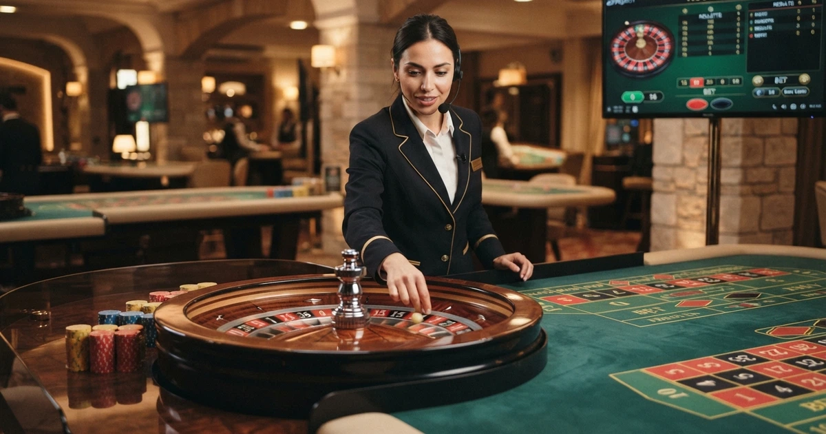 Un primo piano del logo Playtech su uno sfondo che richiama l'interfaccia di un casinò live con un tavolo da roulette in secondo piano e luci da studio di produzione