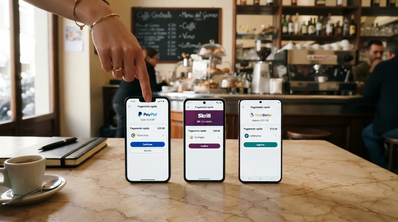 Le icone di PayPal, Skrill, Neteller, Apple Pay e Google Pay affiancate, con un segno di spunta sulla velocità e un punto interrogativo sull'idoneità ai bonus