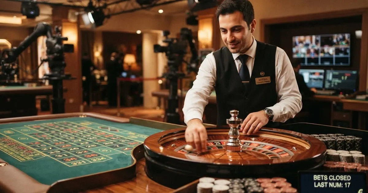 Un primo piano di un croupier dal vivo a un tavolo da gioco, con schermo che mostra l’interfaccia di un casinò online italiano e il logo Pragmatic Play visibile sullo sfondo