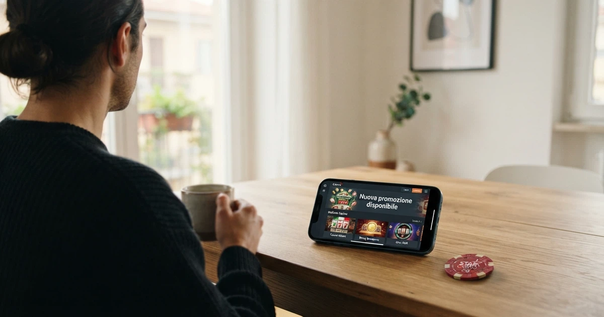 Una persona seduta a un tavolo con uno smartphone in mano, sullo schermo si intravede l'interfaccia di un casinò online con una notifica di promozione, in un ambiente domestico luminoso e ordinato