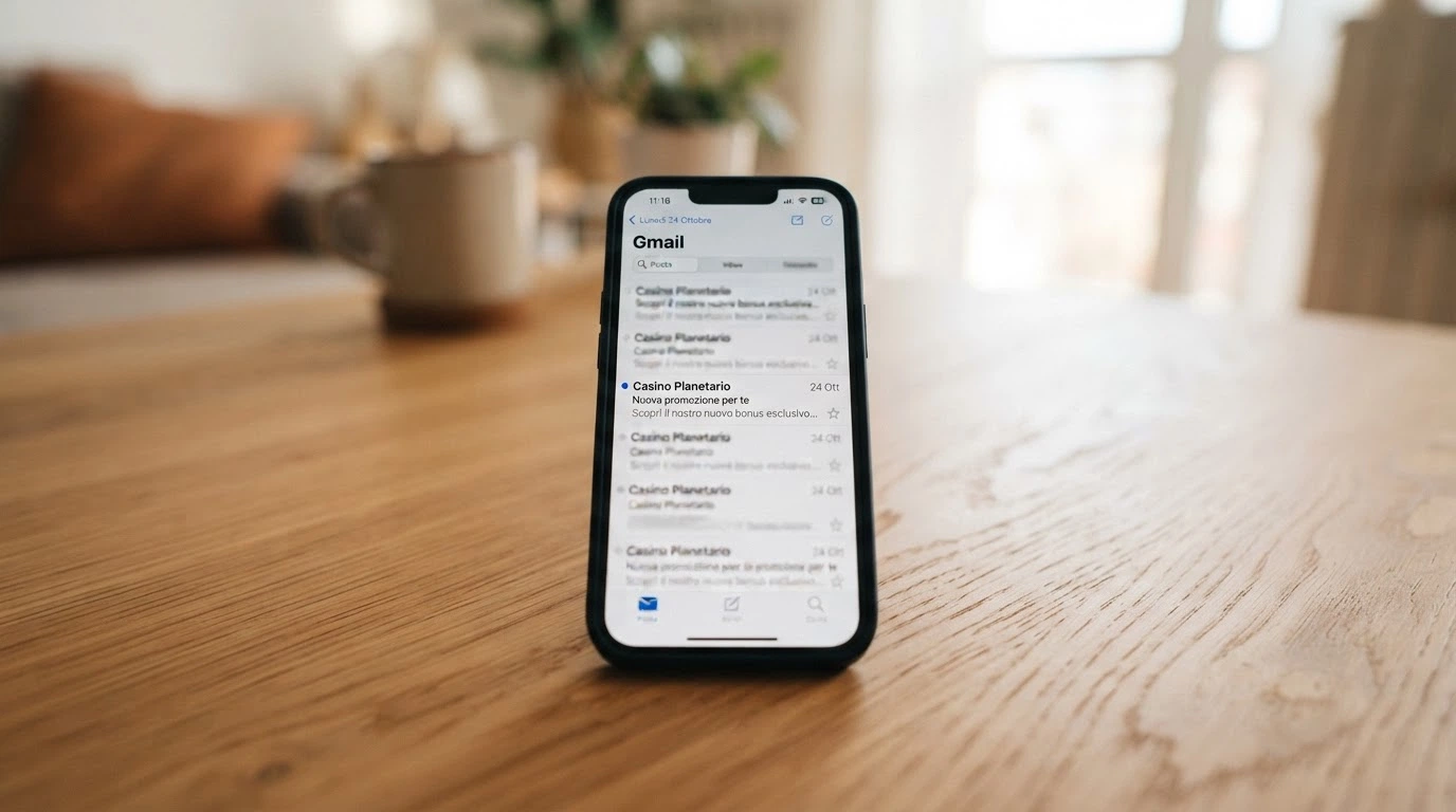 Uno smartphone che mostra la schermata delle notifiche email di un casinò online: un messaggio con oggetto «Nuova promozione per te» tra altre email, a indicare il canale diretto operatore-giocatore.