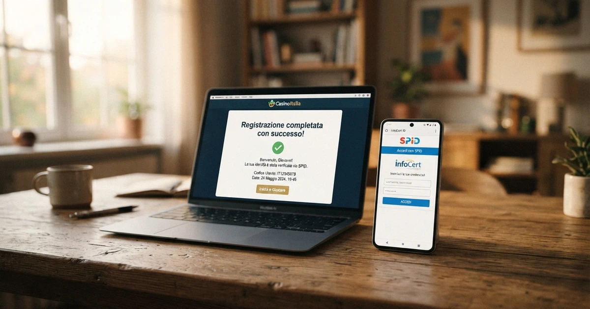 Uno smartphone che mostra la schermata di autenticazione SPID con il logo di un Identity Provider italiano, accanto allo schermo di un casinò online con la scritta «Registrazione completata»