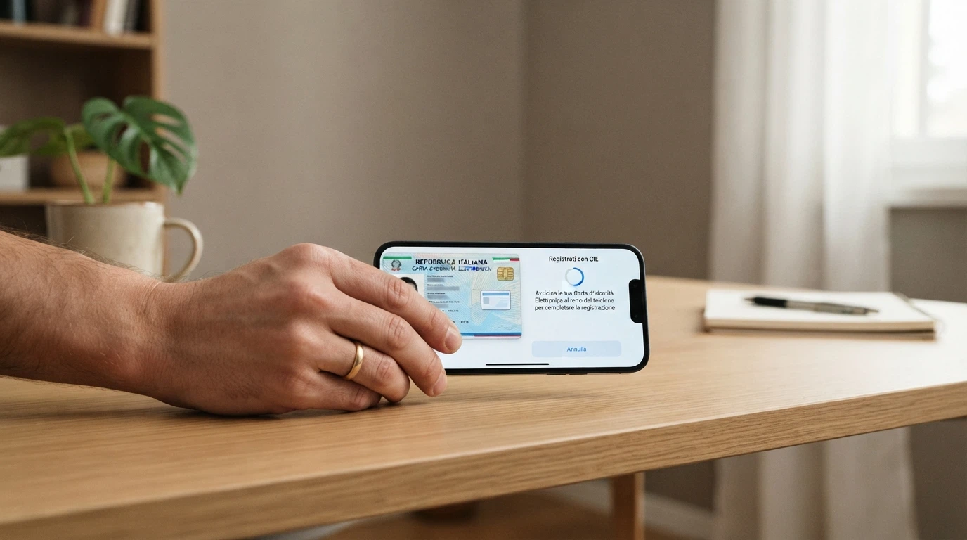 Uno smartphone con l'app di un casinò italiano aperta sulla schermata «Registrati con CIE», con una CIE fisica avvicinata al retro del telefono per la lettura NFC.
