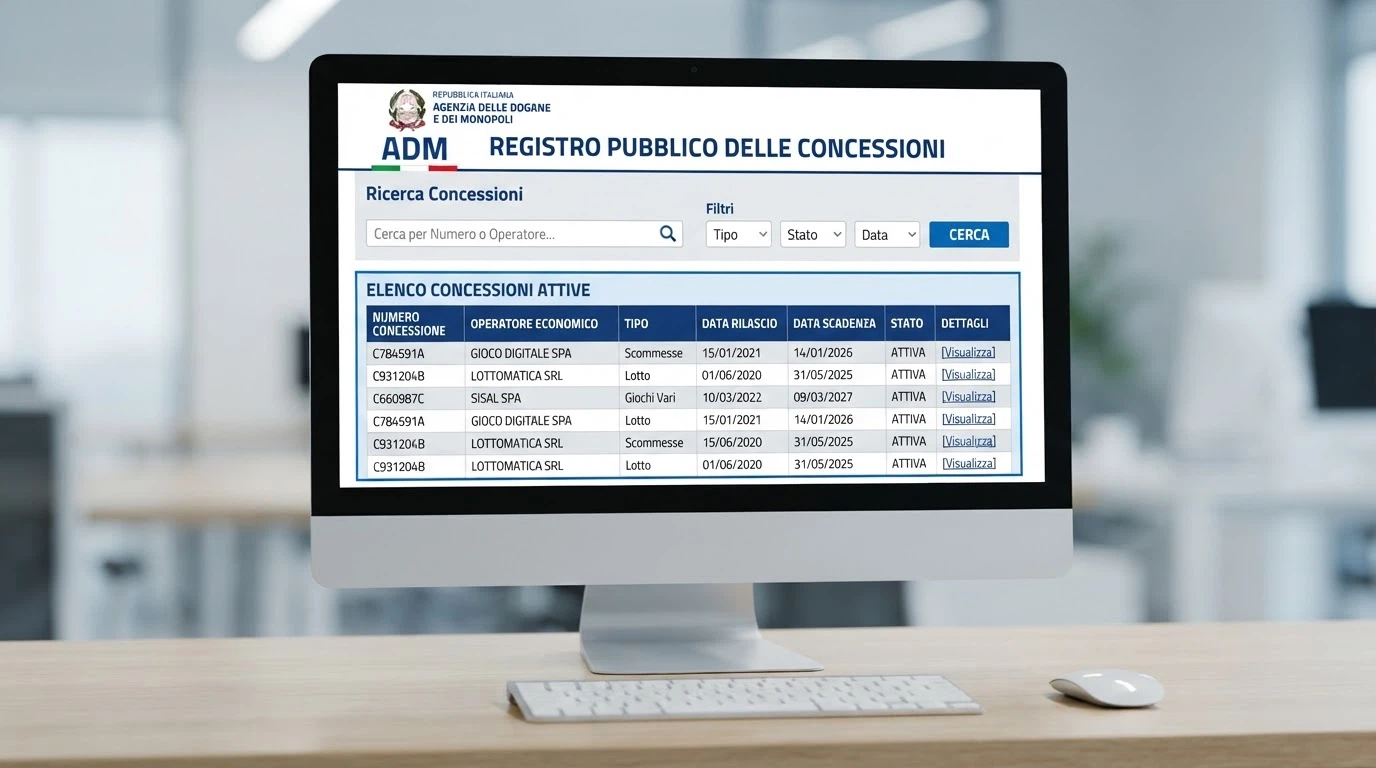 Schermata del registro ufficiale ADM con l'elenco delle concessioni per il gioco a distanza, interfaccia istituzionale italiana, dati di una concessione in evidenza