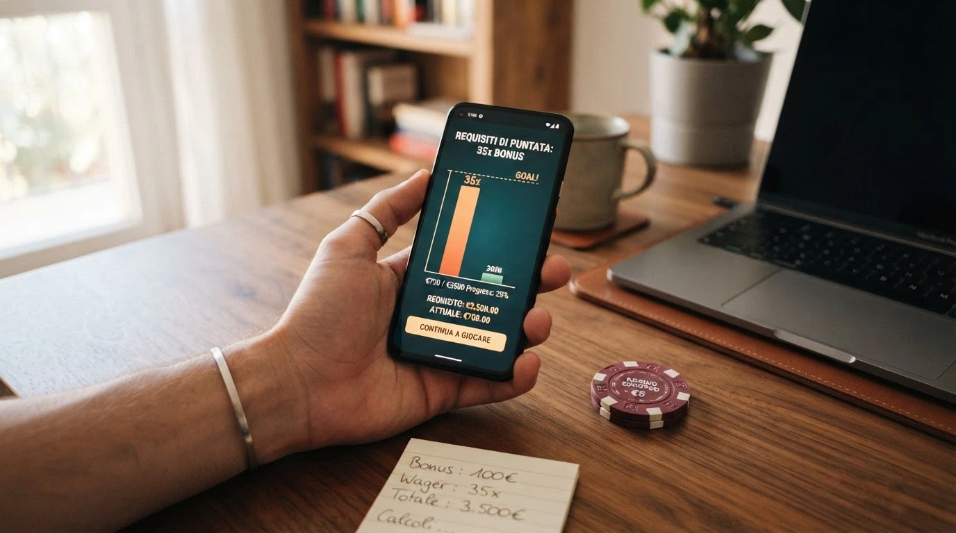 Esempio di condizioni di bonus con requisito di wagering 35x, deposito minimo, puntata massima e scadenza