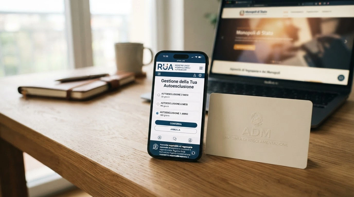 Il logo ufficiale dell'ADM (Agenzia delle Dogane e dei Monopoli) sopra lo schermo di uno smartphone che mostra la schermata di autoesclusione del RUA con le tre modalità introdotte nel 2026. Sotto, le icone dei numeri verdi 800 558 822 e 800 940 789.