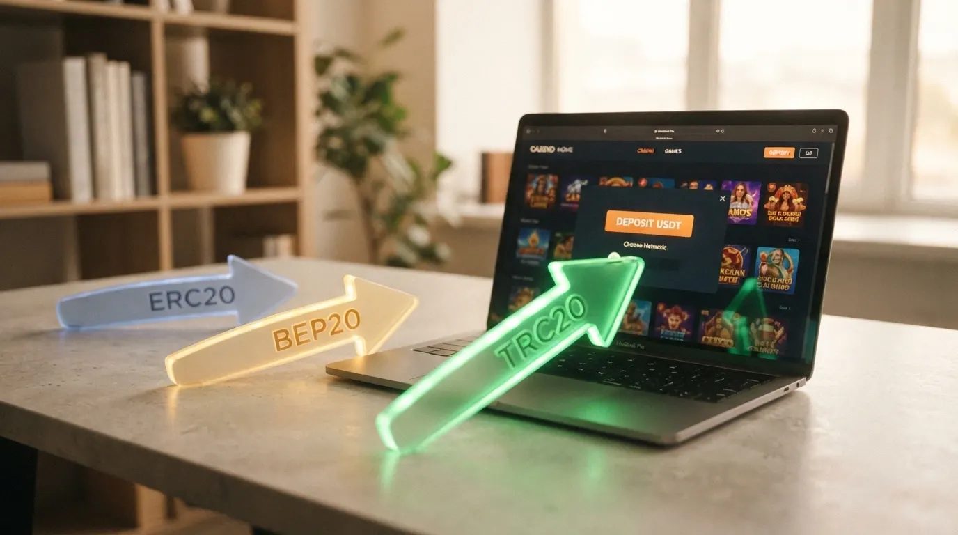 Tre frecce colorate etichettate TRC20, BEP20, ERC20 che convergono verso il simbolo di un casinò online
