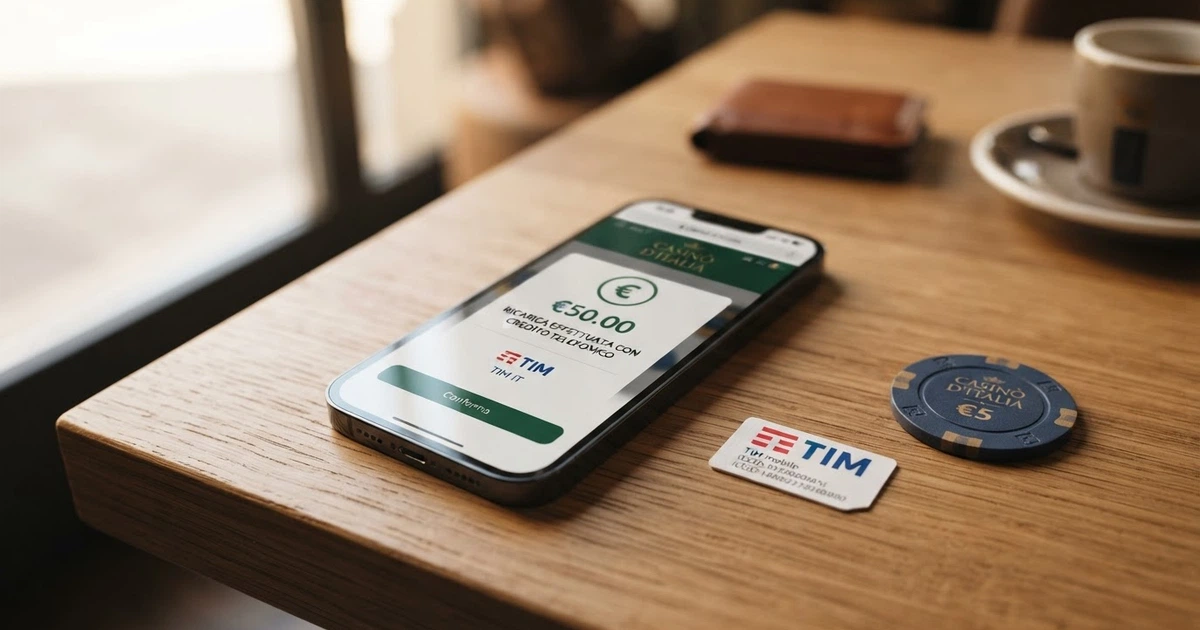 Smartphone con la schermata di ricarica di un conto gioco tramite credito telefonico, accanto a una carta SIM italiana e una carta di credito in confronto