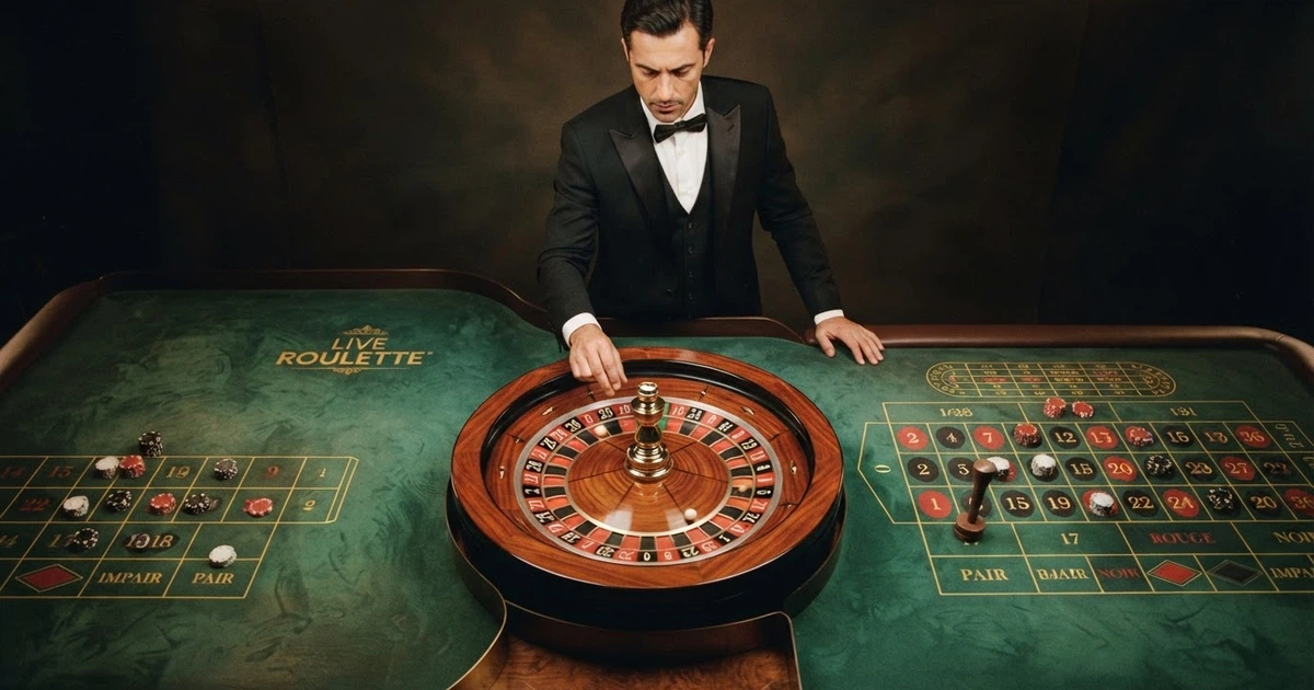Tavolo da roulette dal vivo con croupier in smoking davanti alla ruota, inquadratura dall'alto in un casinò online italiano