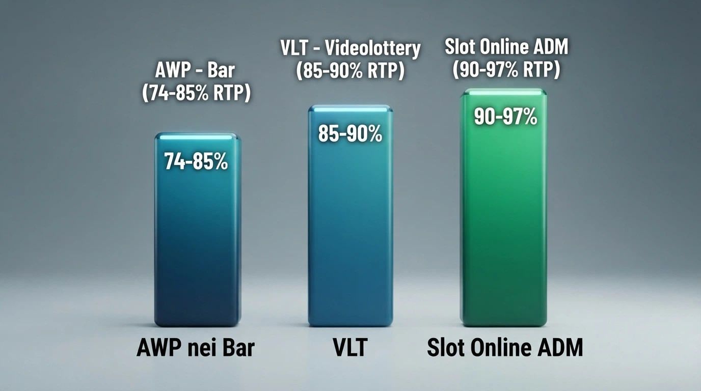 Tre barre verticali affiancate mostrano gli intervalli di RTP delle AWP da bar (74-85%), delle VLT (85-90%) e delle slot online ADM (90-97%)