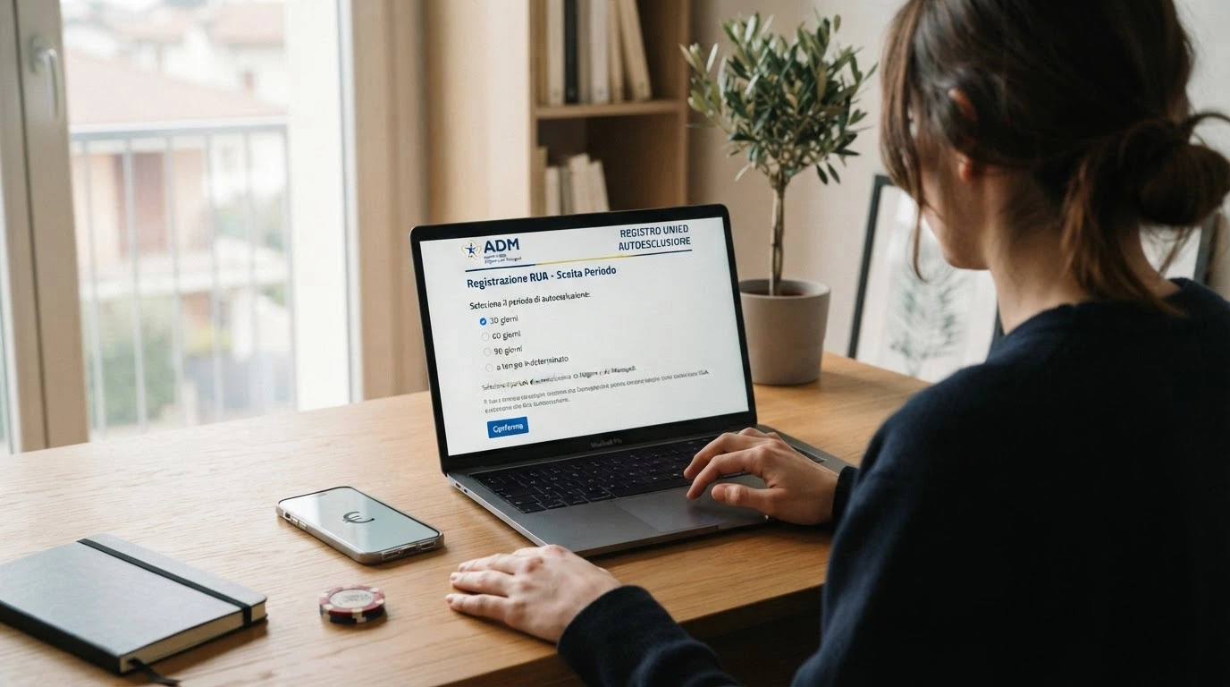 Interfaccia esemplificativa del portale RUA con i pulsanti per la scelta del periodo di autoesclusione (30, 60, 90 giorni, indeterminato) e il logo SPID in evidenza