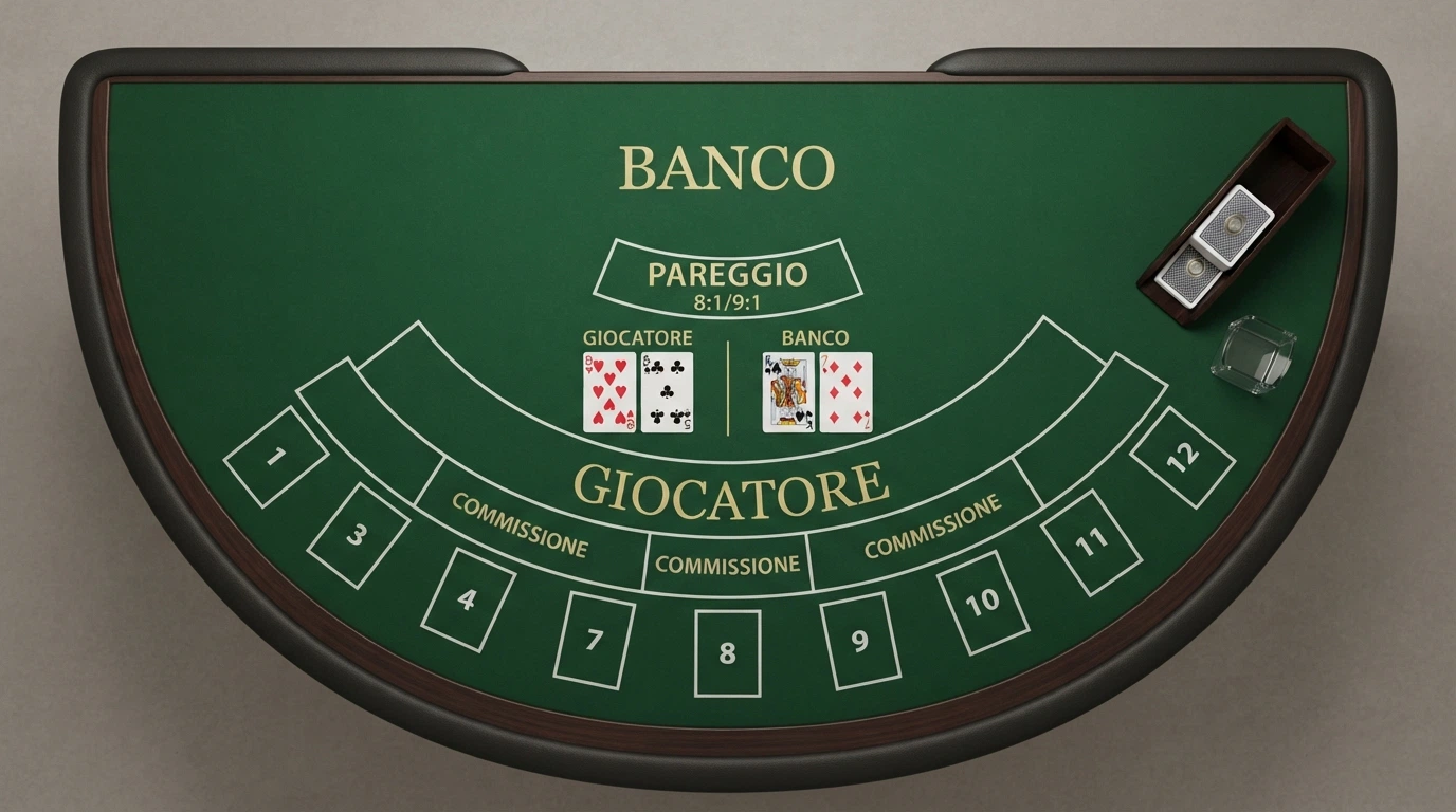 Schema del tavolo da baccarat Punto Banco con le tre aree di puntata — Banco, Giocatore, Pareggio — e la disposizione delle carte