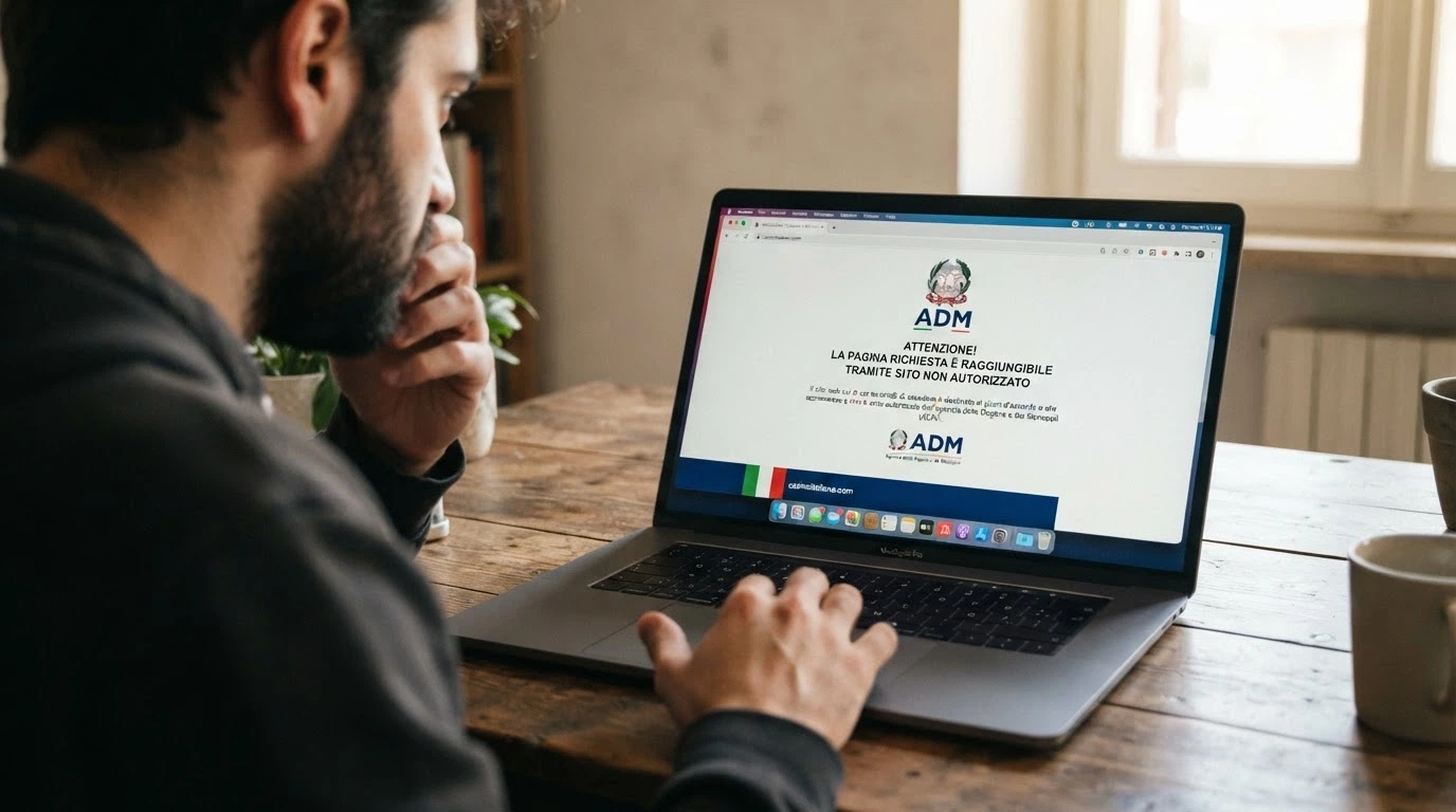 Un browser che mostra un avviso di sito bloccato, con il logo ADM visibile nella barra degli indirizzi e la dicitura «sito non autorizzato» in italiano