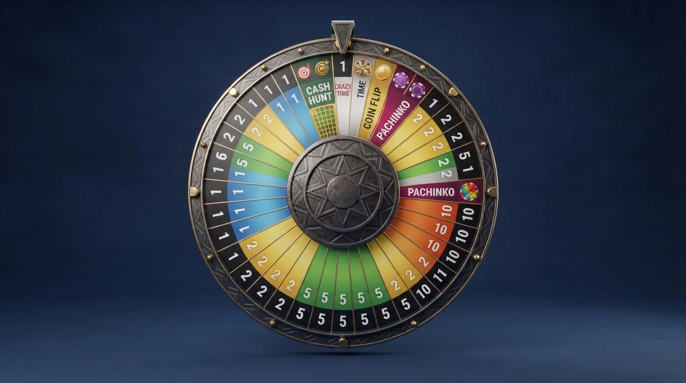 Il dettaglio dei 54 segmenti della ruota di Crazy Time con i numeri 1, 2, 5, 10 e i segmenti bonus colorati