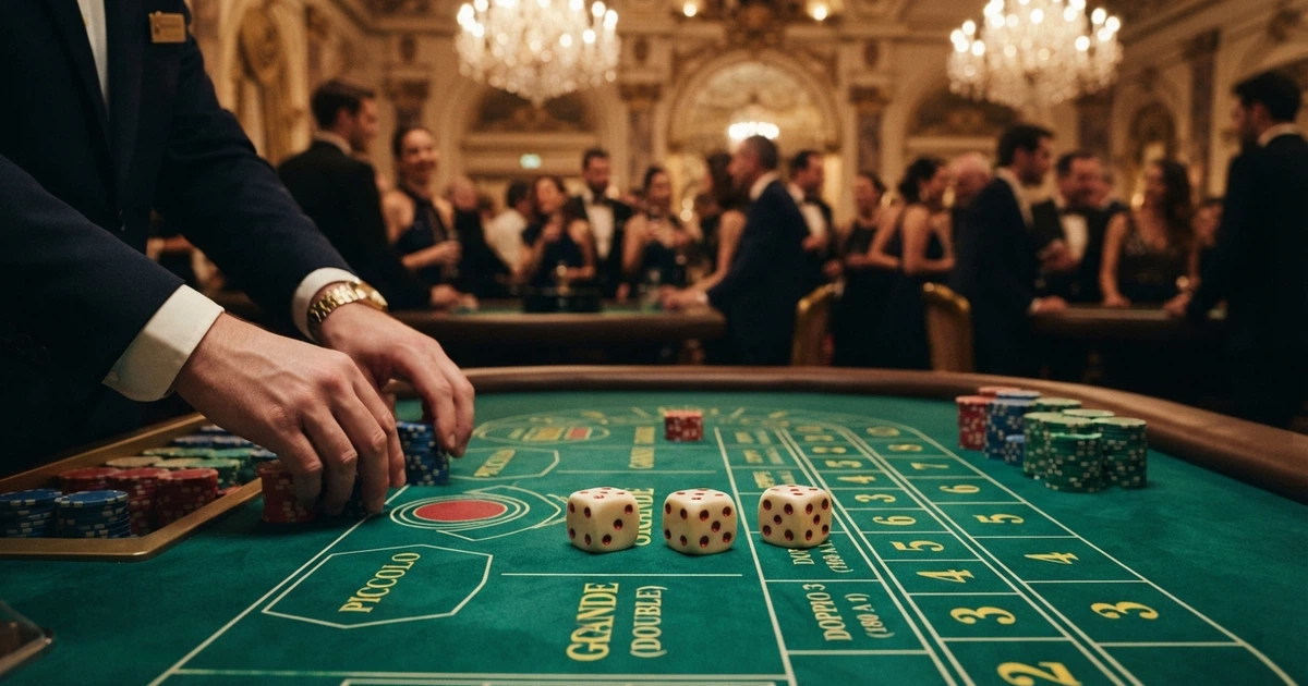 Tre dadi da gioco bianchi con punti rossi su un tavolo da casinò verde, circondati da fiches colorate e una sezione della tabella delle puntate del Sic Bo in primo piano
