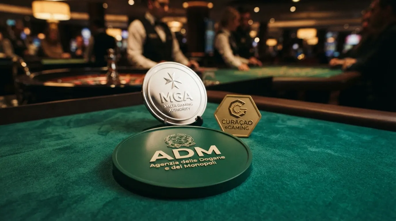 Tre sigilli di licenza affiancati: il logo ADM (Agenzia delle Dogane e dei Monopoli), il logo della Malta Gaming Authority e il logo di Curaçao eGaming