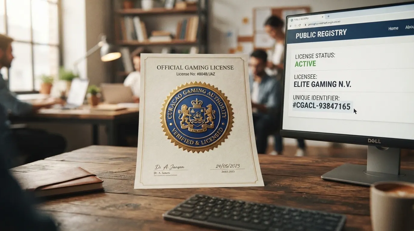 Il sigillo ufficiale della Curacao Gaming Authority ingrandito accanto alla schermata del registro OGL pubblico, con il cursore sopra un numero di licenza attivo