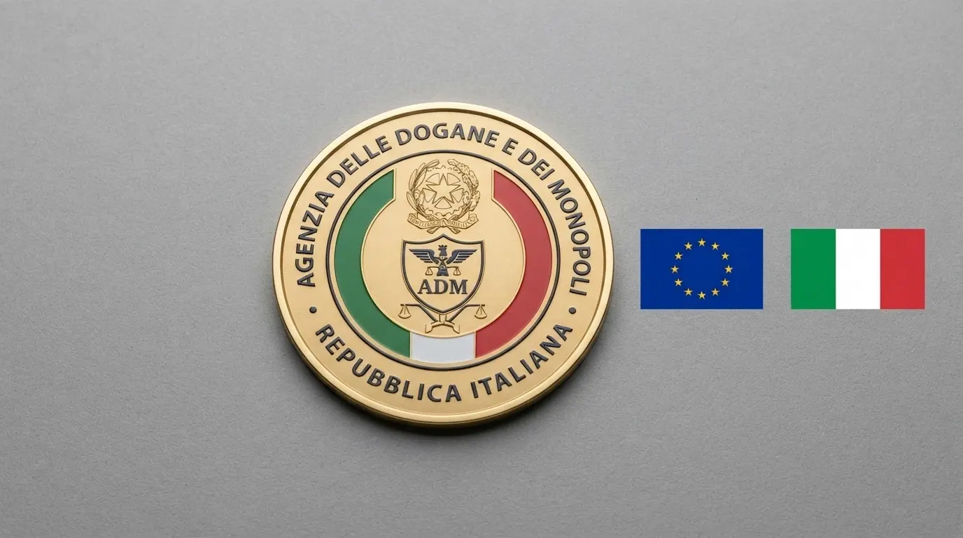 Il logo ufficiale dell'Agenzia delle Dogane e dei Monopoli accostato al simbolo dell'Unione Europea e alla bandiera italiana, su uno sfondo pulito istituzionale.