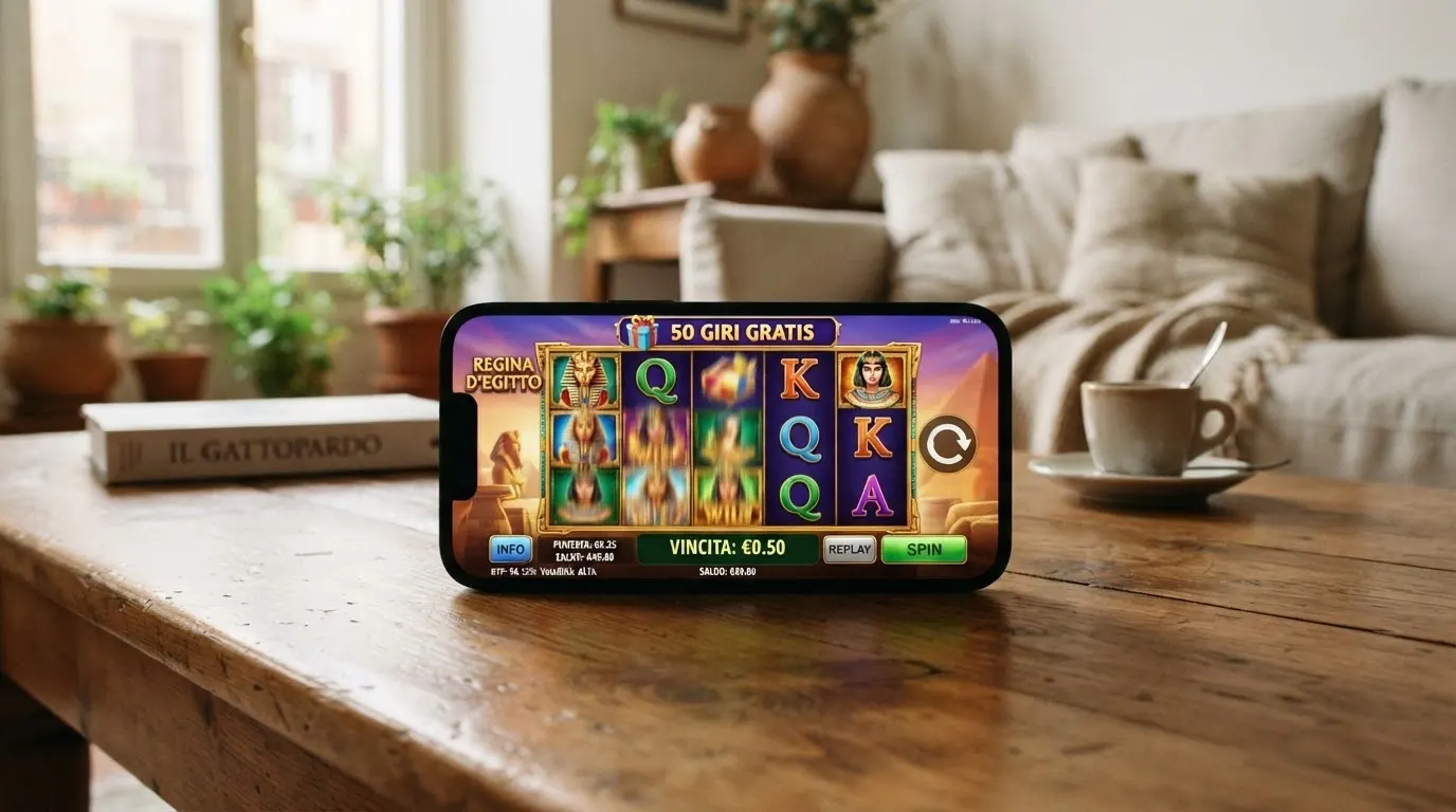 L'interfaccia di una slot online con i 50 giri attivi, la barra delle vincite e il contatore dei giri residui in sovrimpressione