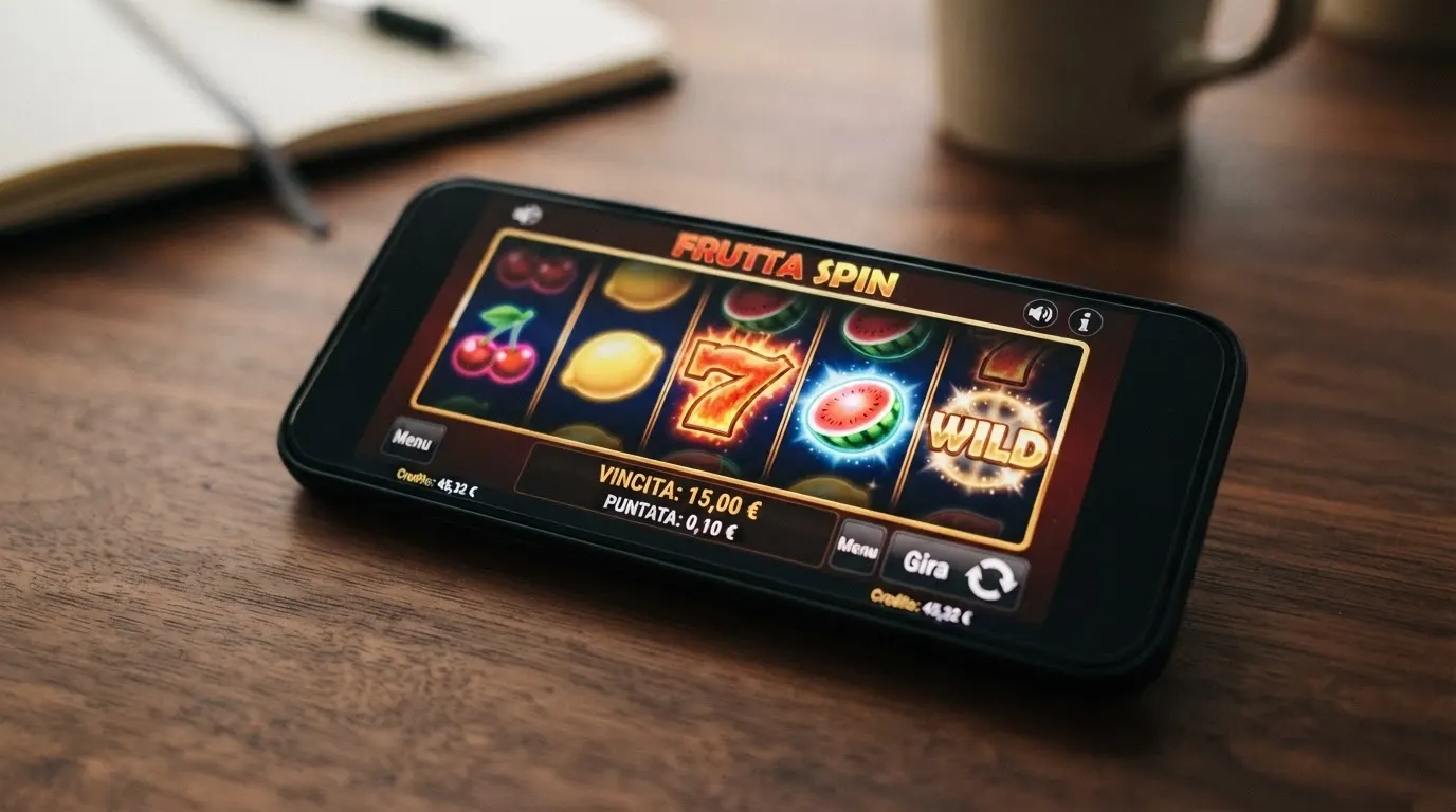 Il rullo di una slot online con l'interfaccia in italiano, la scritta «Puntata: 0,10 €» ben visibile in basso e i simboli allineati su una linea vincente
