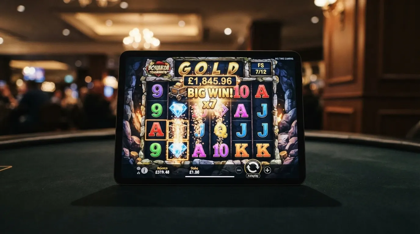 La schermata di gioco di Bonanza Megaways con i sei rulli, le cascate attive e il contatore dei modi di vincita in alto