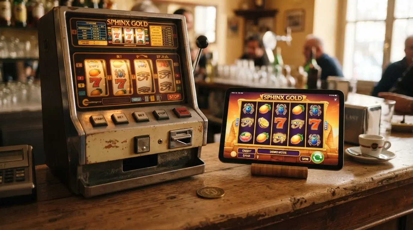 Una slot machine da bar fisica con rulli classici e pulsanti laterali, accostata alla sua versione digitale in demo su schermo