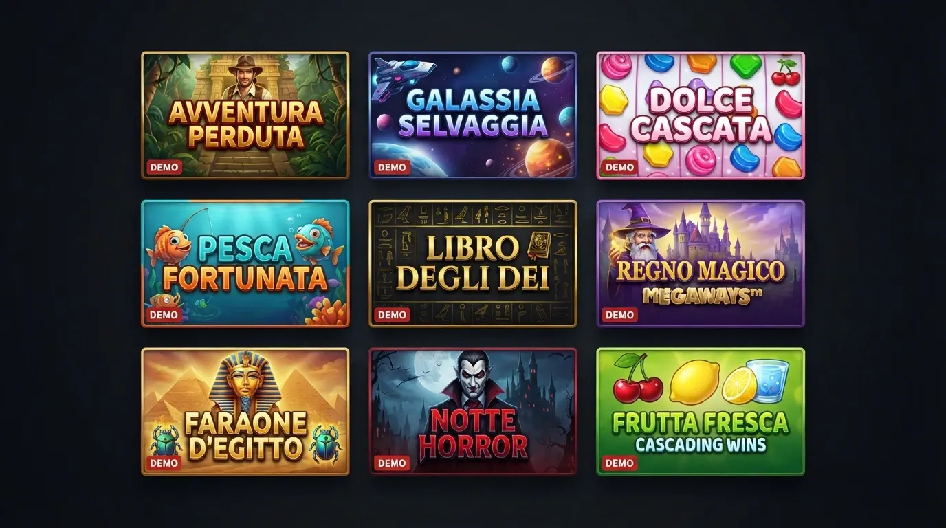 Una griglia di copertine di slot machine popolari in Italia — Book of Ra Deluxe, Starburst, Sweet Bonanza — affiancate su sfondo scuro, ciascuna con il proprio logo e un'icona «demo» nell'angolo