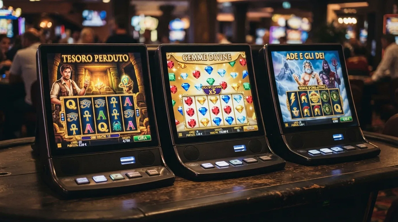 Le schermate di tre slot machine affiancate — Book of Dead, Starburst e Gates of Olympus — con i rispettivi loghi e rulli visibili