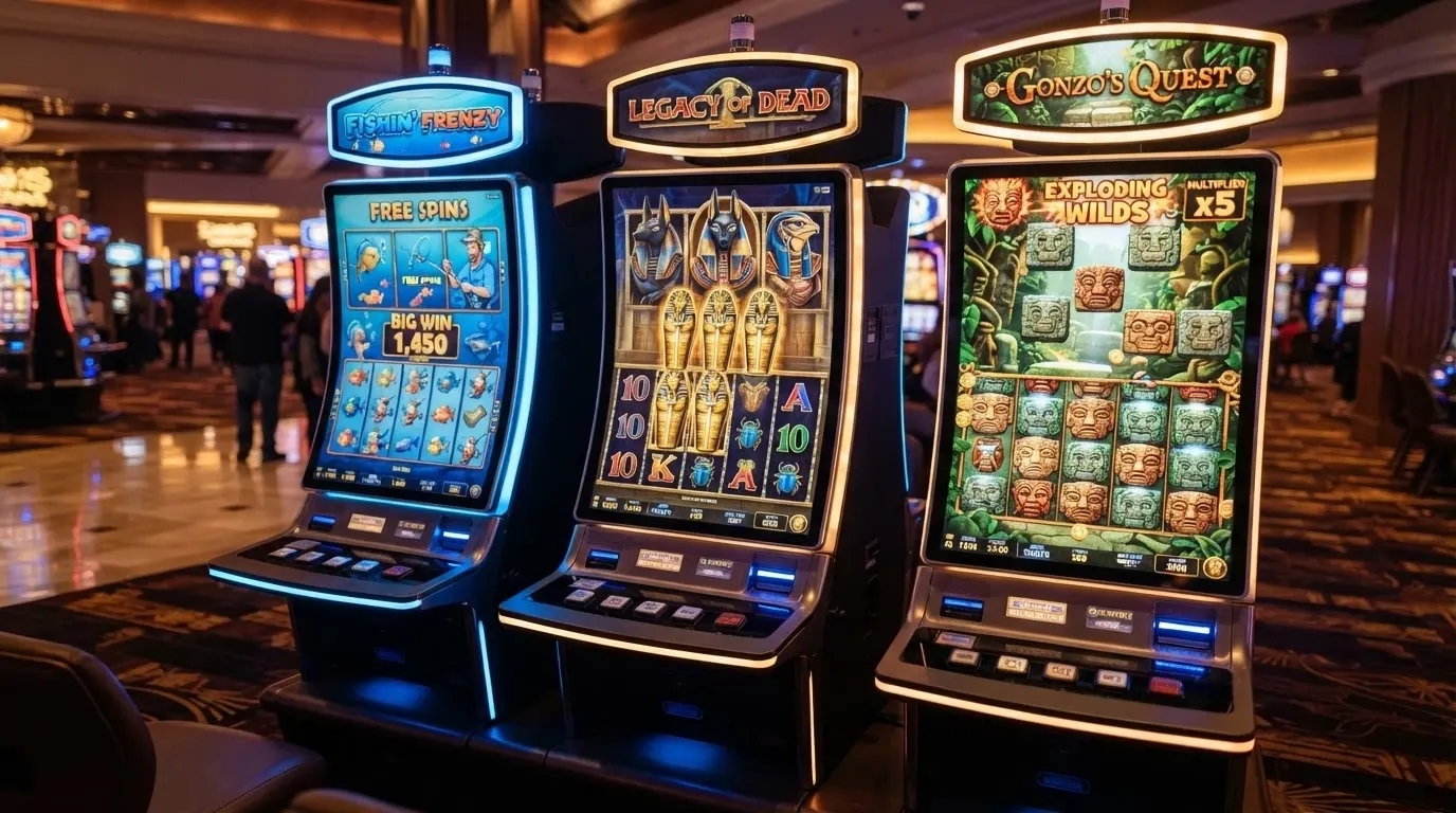 Tre slot machine affiancate (Big Bass Bonanza, Gates of Olympus, Book of Dead) con RTP e volatilità in sovrimpressione