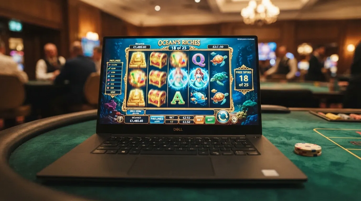 L'interfaccia di una slot machine online come Legacy of Dead o Big Bass Bonanza con i rulli in movimento e il contatore dei giri gratis visibile