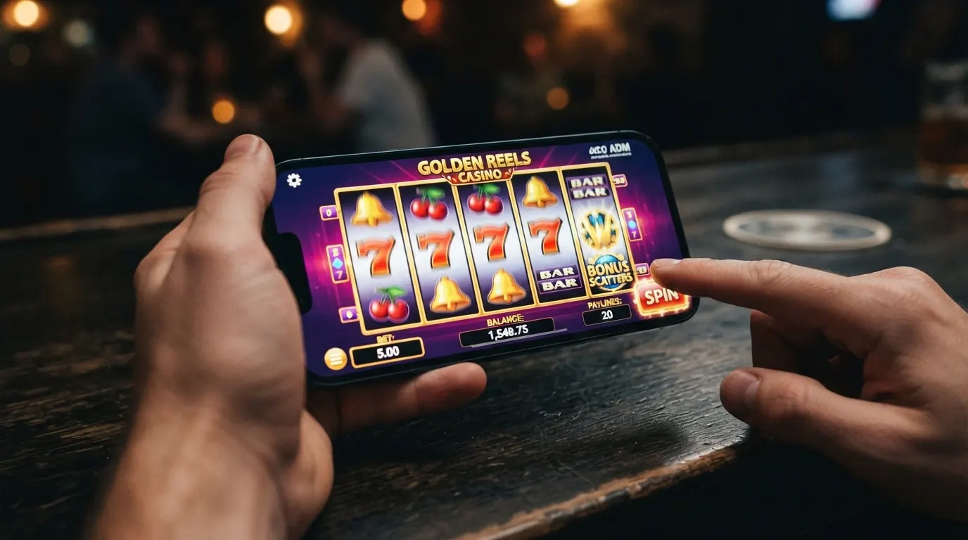 Il display di un iPhone in orizzontale con una slot machine attiva: rulli, pulsanti di puntata e contatore del saldo