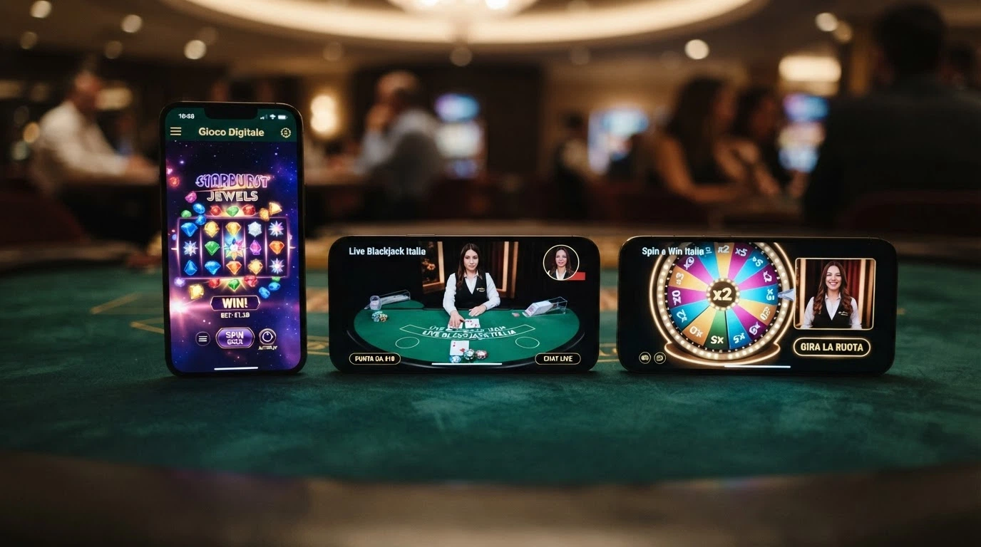 Tre schermate di smartphone Android in fila: una slot machine colorata in modalità portrait, un tavolo di blackjack live con croupier in streaming, e la schermata di un game show con ruota della fortuna