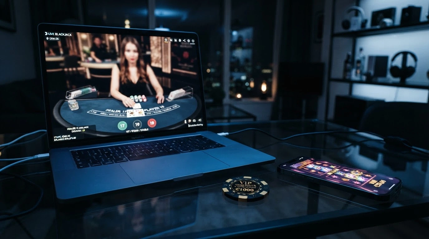 Un giocatore con puntate elevate al tavolo di blackjack live, affiancato dallo schermo di una slot machine online.
