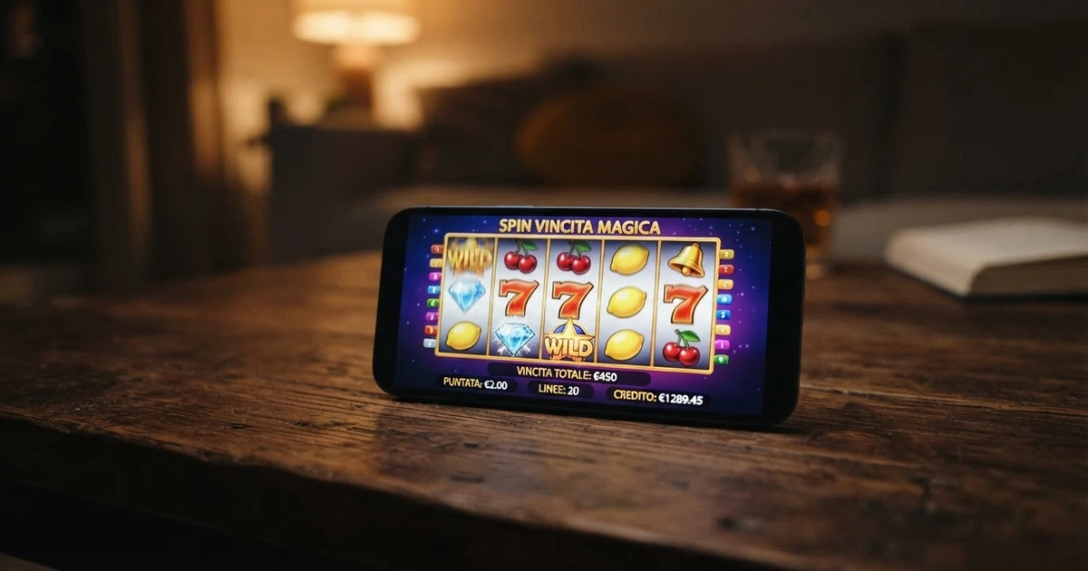 Schermata di un casinò online italiano con slot machine a soldi veri, interfaccia in italiano e logo della concessione ADM visibile