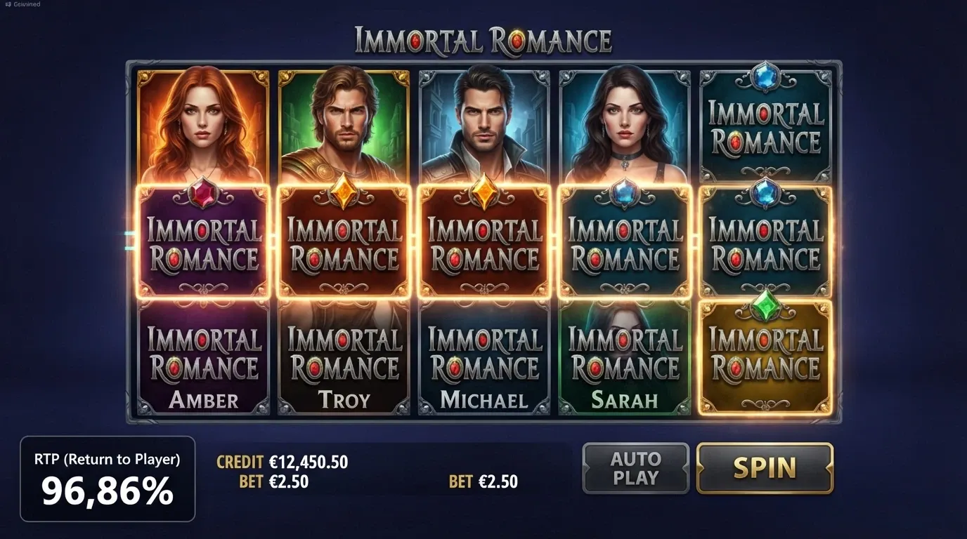 La schermata della slot Immortal Romance con i quattro personaggi del Chamber of Spins, la griglia 5 rulli a 243 ways e il pannello RTP in evidenza