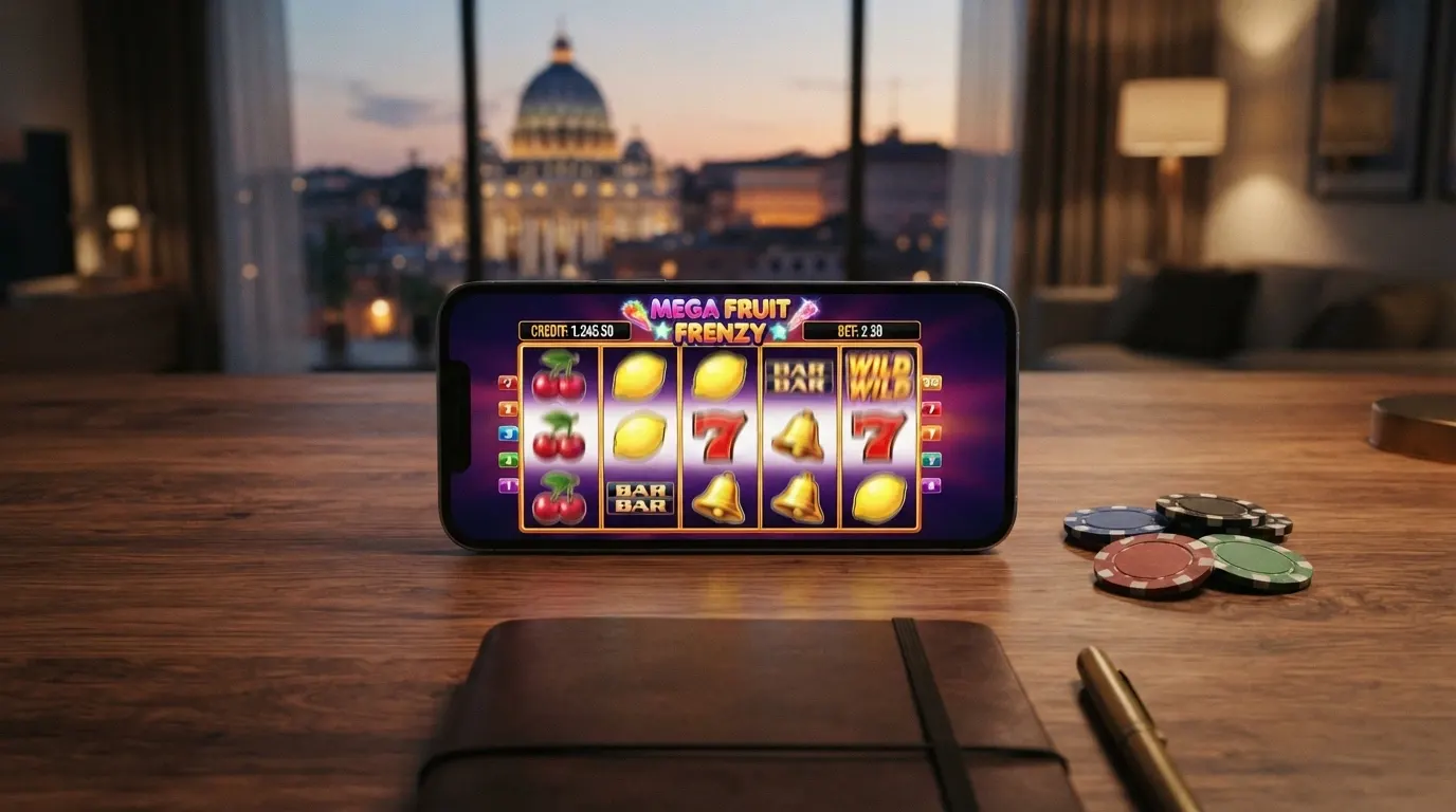 L'interfaccia di una slot machine online con i rulli in movimento, i simboli allineati e il pannello dei comandi con pulsanti di puntata e giro