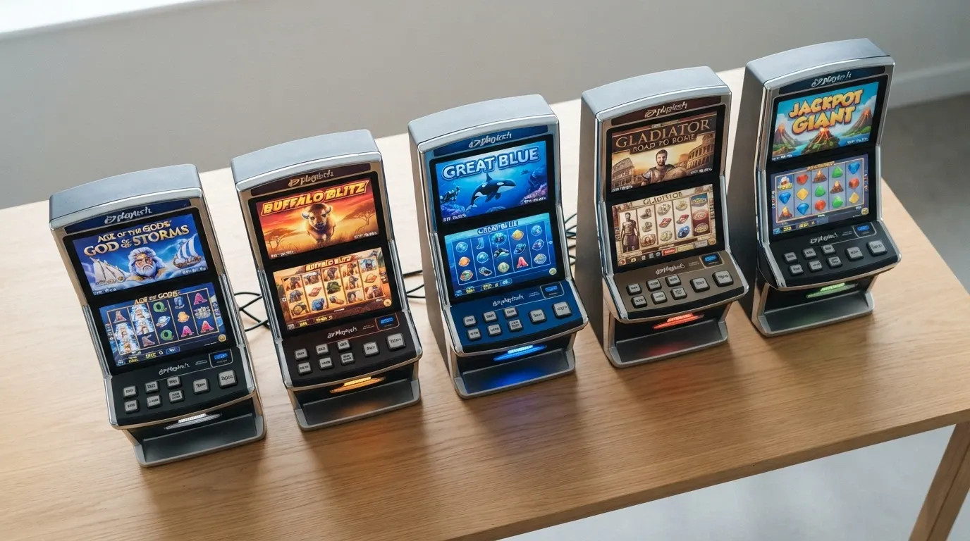 Una schermata che affianca le cinque slot Playtech analizzate — Ugga Bugga, Age of the Gods, Buffalo Blitz II, Gladiator e White King II — con il rispettivo valore RTP in evidenza