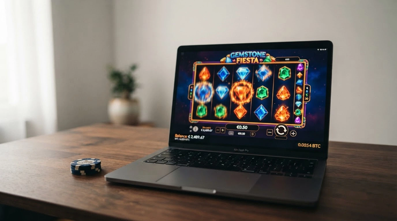 L’interfaccia di una slot machine online con rulli colorati e il saldo espresso in criptovaluta