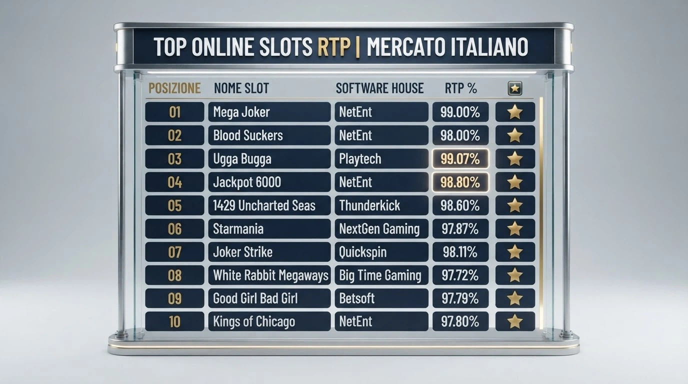 Una tabella comparativa con i nomi e le percentuali RTP delle slot online a più alto ritorno disponibili nei casinò ADM italiani, ordinata dal 99% a scendere