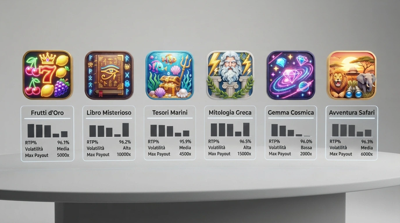 Una schermata comparativa con le icone di sei slot machine online e i rispettivi valori di RTP, volatilità e vincita massima disposti in una tabella stilizzata