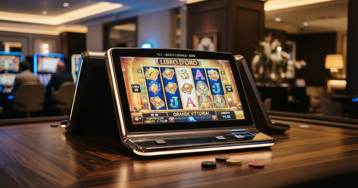 Terminale VLT acceso in una sala specializzata italiana, schermo con rulli di una slot in primo piano e ambiente di gioco sullo sfondo