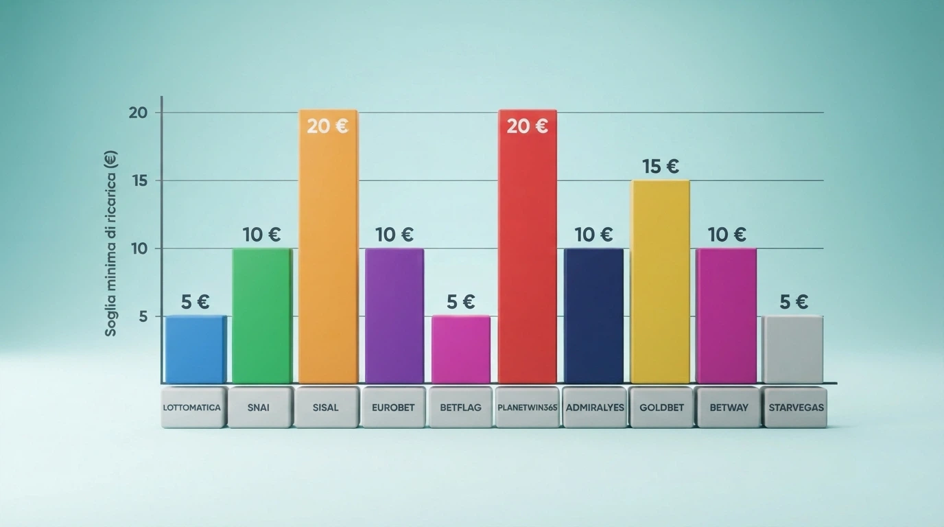 Un grafico a barre che mette a confronto le soglie minime di ricarica dei 10 casinò ADM recensiti, da 5 a 20 euro