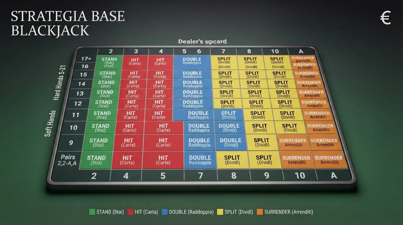 Tabella della strategia base del blackjack con caselle colorate che indicano la decisione ottimale per ogni combinazione di carta del giocatore e carta scoperta del banco